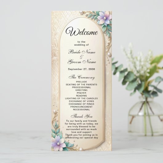 Decorative Floral Frame with Pearls Wedding  Programm (Stehend Vorderseite)