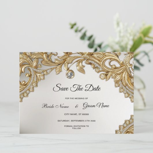 Decorative Gold Save the Date (Stehend Vorderseite)