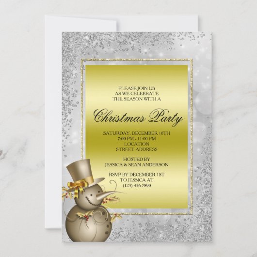 Decorative Gold Snowman & Glitzer, Bokeh Weihnacht Einladung (Vorderseite)