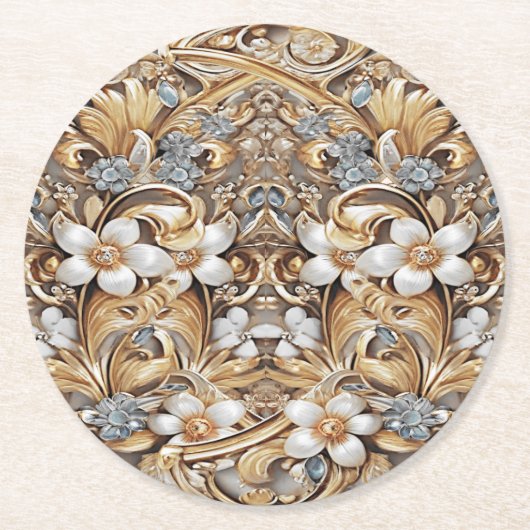 Decorative Gold White Floral Paper Untersetzer (Vorderseite)