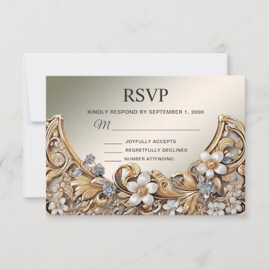 Decorative Gold White Floral RSVP Card (Vorderseite)