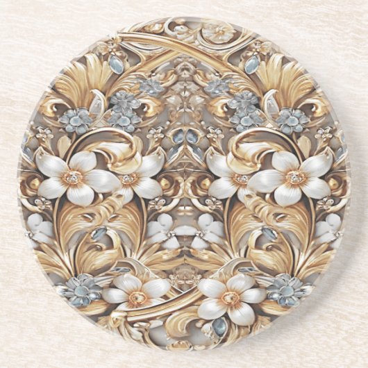Decorative Gold White Floral Sandstone Untersetzer (Vorne)