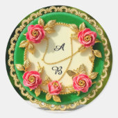 Decorative Green Rim Plate With Pink Rose Runder Aufkleber (Vorderseite)