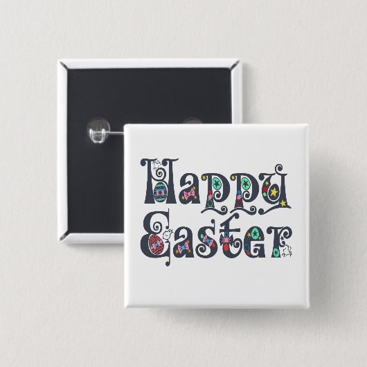 Decorative Happy Easter Typography Pin Button | (Vorne & Hinten)