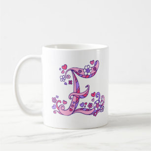 Decorative Monogram E herzen & Blume rosa lila Kaffeetasse