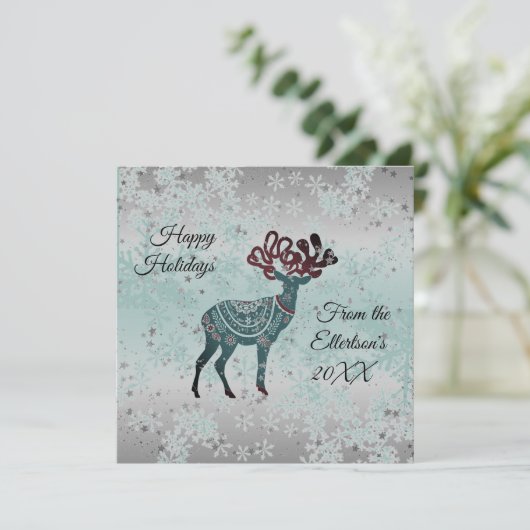 Decorative Reindeer Christmas Snowflakes Karte (Stehend Vorderseite)