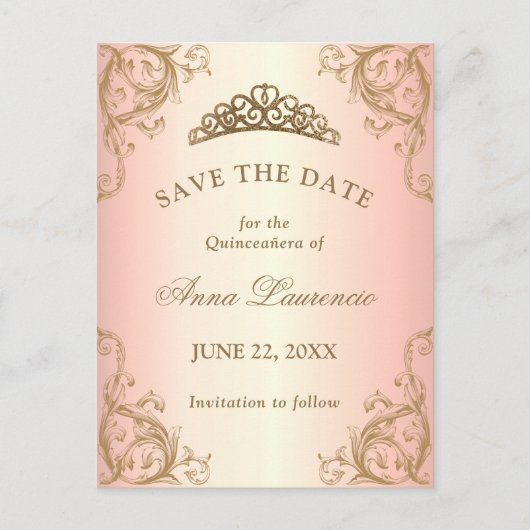 Decorative Rose Gold Quinceanera Save the Date Postkarte (Vorderseite)