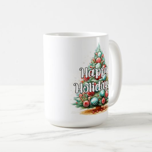 Decorative Whimsical Happy Holidays Christmas Tree Kaffeetasse (VorderseiteRechts)