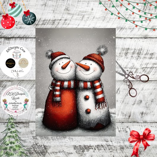 Decoupage 2 Schneemänner rote gestreifte Schals Wi Seidenpapier