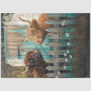 Decoupage 2 Whimsical Shaggy Highland Cows Zaun Seidenpapier