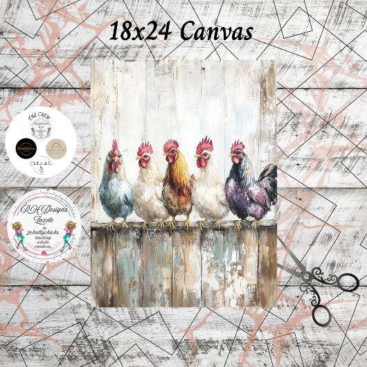 Decoupage 5 Chickens on a Fence 18x24 Canvas Seidenpapier