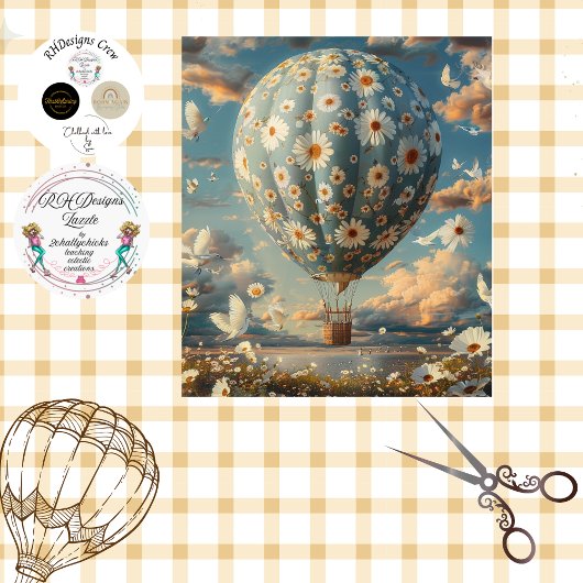 Decoupage Blue White Daisy Fabric Hot Air Ballon Seidenpapier
