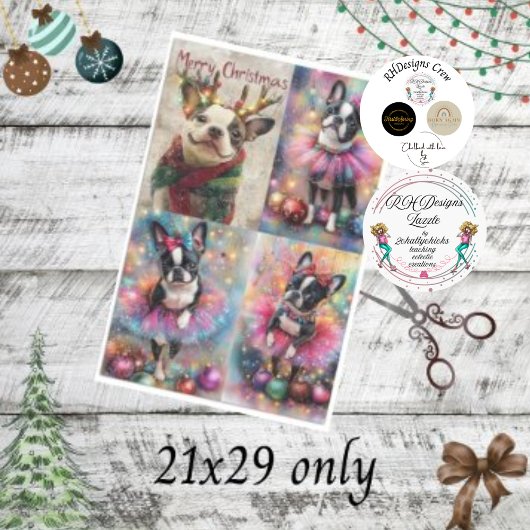 Decoupage Boston Terrier Antlers & Christmas Light Seidenpapier