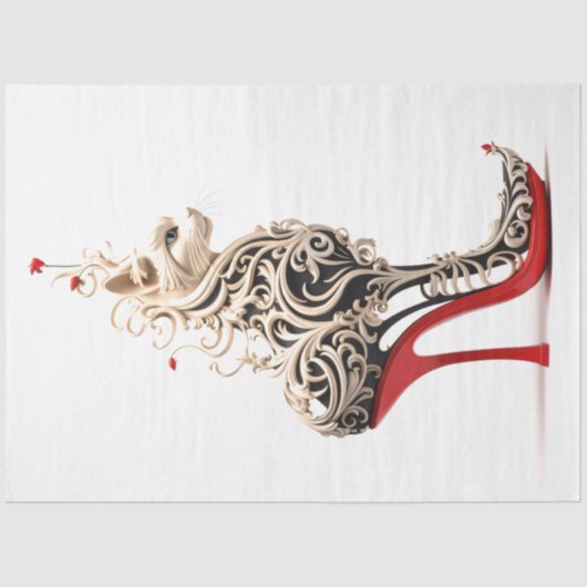 Decoupage Cat in Red High Heel verflochten Seidenpapier (Vorderseite)