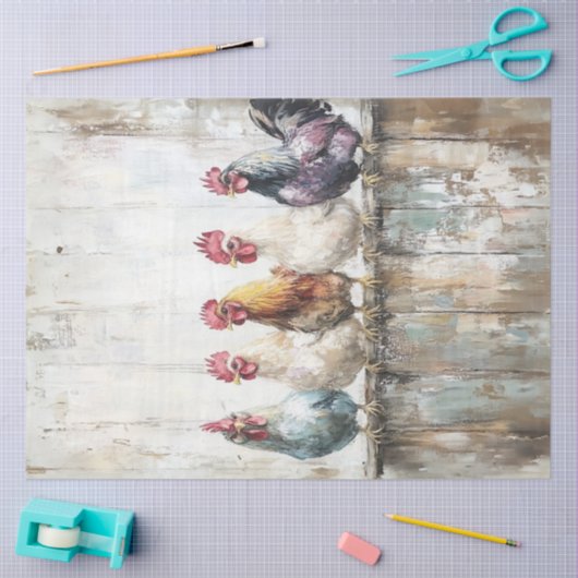 Decoupage Chickens Perched Distressed Peeling Wall Seidenpapier (Basteln)