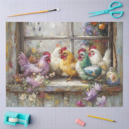 Decoupage Chickens Peruiert auf Windows Seidenpapier (Basteln)