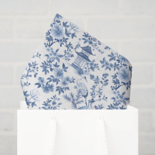 Decoupage Chinoiserie Pagoda Crane Blau Seidenpapier