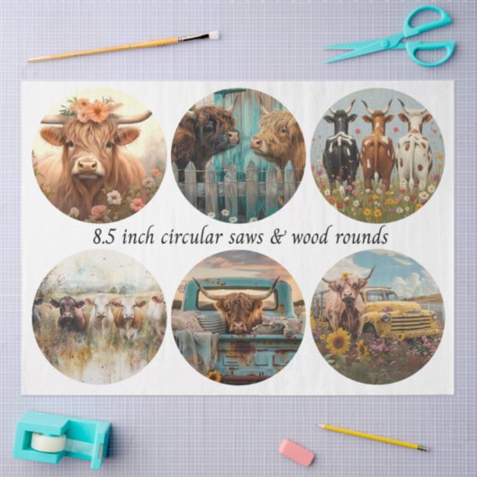 Decoupage Circular Saw Highland Cows 8.5" Rounds Seidenpapier (Basteln)