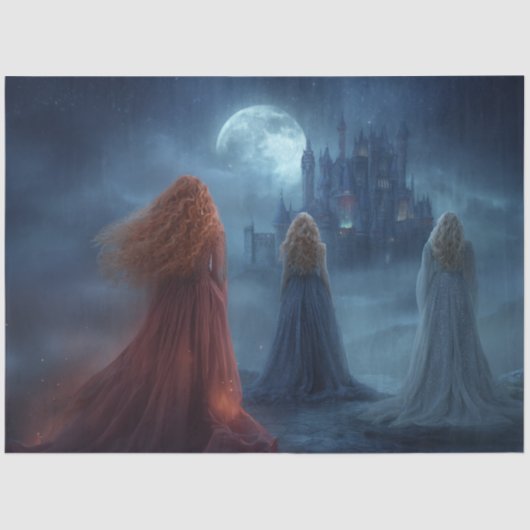 Decoupage Cloaked Women Moonlit Summons Castle. Seidenpapier (Vorderseite)