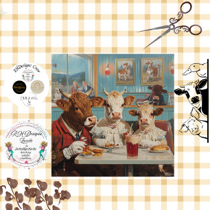 Decoupage Cow Family Sitzen in Vintagen Diner Seidenpapier