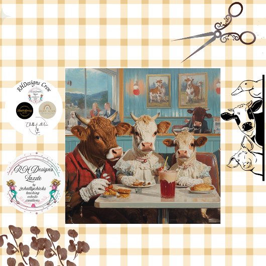 Decoupage Cow Family Sitzen in Vintagen Diner Seidenpapier
