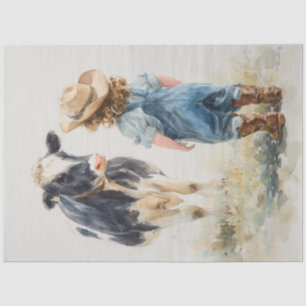 Decoupage Cow & Lil Girl Talk in Field Seidenpapier