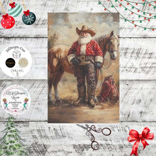 Decoupage Cowboy Santa Claus und Geschenktasche Seidenpapier