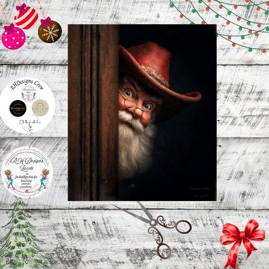Decoupage Cowboy Santa Peeking Naughty Nice Seidenpapier