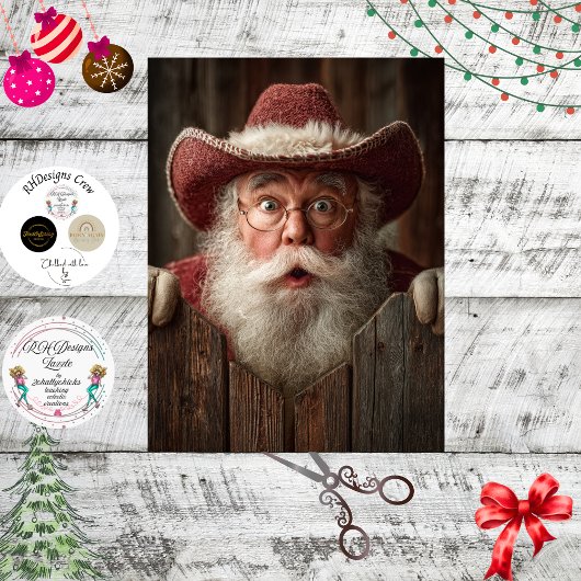 Decoupage Cowboy Santa Peeking Rustic Fence  Seidenpapier