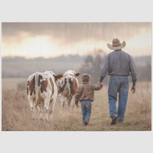 Decoupage Cowboy & Son Hand in Hand mit Rindern Seidenpapier