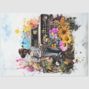 Decoupage Cowboy Yellow Truck Field Blume Seidenpapier