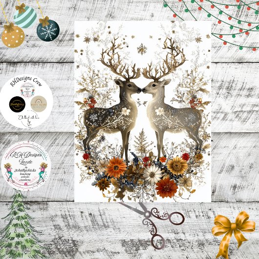 Decoupage Deer Floral Artwork Weihnachten Seidenpapier