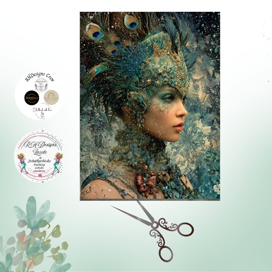 Decoupage Fantasy Peacock Woman Teals Feathers Seidenpapier