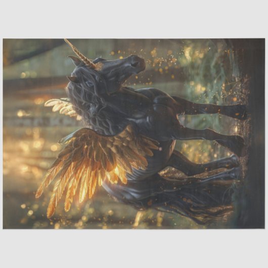 Decoupage Fantasyland Black Unicorn Gold Wings Seidenpapier (Vorderseite)