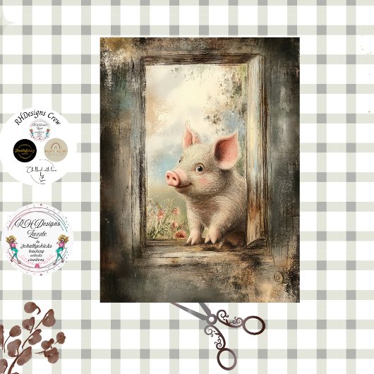 Decoupage-Ferkel in einem rustikalen Fenster-Gesch Seidenpapier