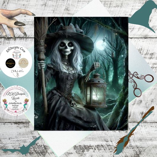 Decoupage Gothic Skeletal Witch in Forest  Seidenpapier