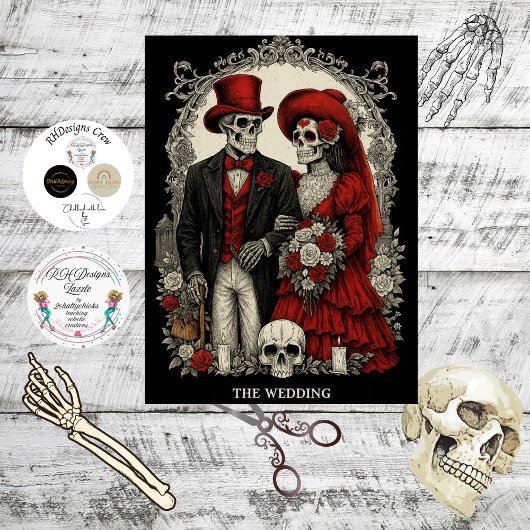 Decoupage Gothic Skeleton Wedding In Red Black Seidenpapier
