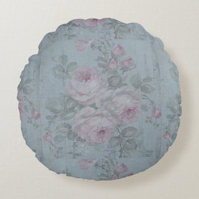 Decoupage, grau aquamarin, blumenreich, Shabby Chi Rundes Kissen (Vorderseite)