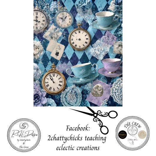 Decoupage Harlequin Tea Time Clocks Teacups  Seidenpapier