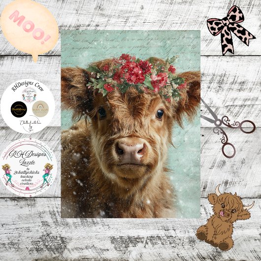 Decoupage Highland Calf Christmas Scene Snowing Seidenpapier