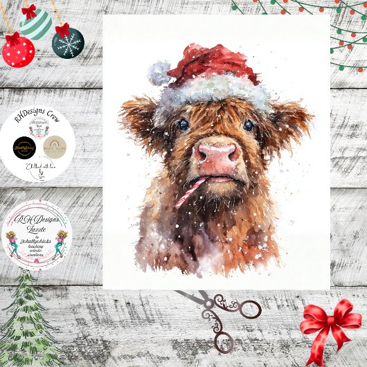 Decoupage Highland Calf Santa Hat Candy Cane Snow Seidenpapier
