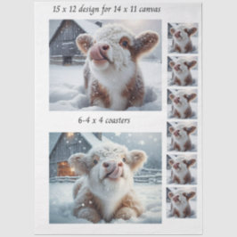 Decoupage Highland Calf Snow 11x14 Canvas Coasters Seidenpapier