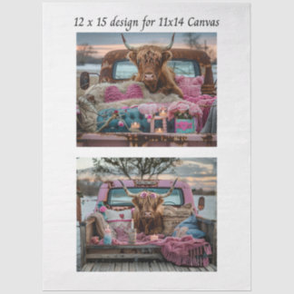 Decoupage Highland Cow Valentine Truck 11x14 Canva Seidenpapier