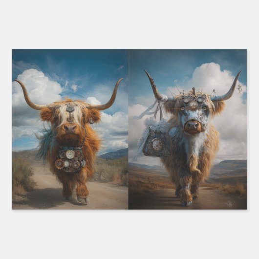 Decoupage Highland Haute Couture Steampunk Kühe Geschenkpapier Set (Vorderseite)