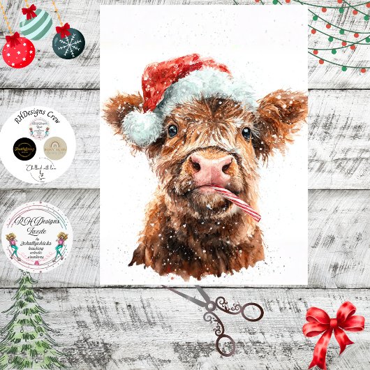 Decoupage Highland-Kalb mit Weihnachtsmannmütze un Seidenpapier