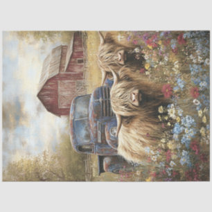 Decoupage Highland-Rinder Landschaft Rote Scheune Seidenpapier