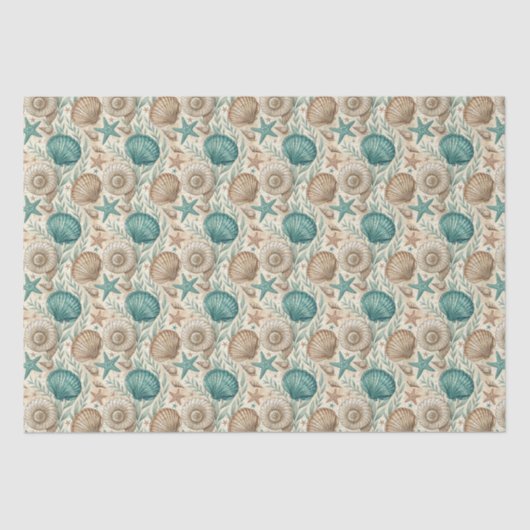 Decoupage im Muster Teal & Beige Beach Shells Seidenpapier (Vorderseite)