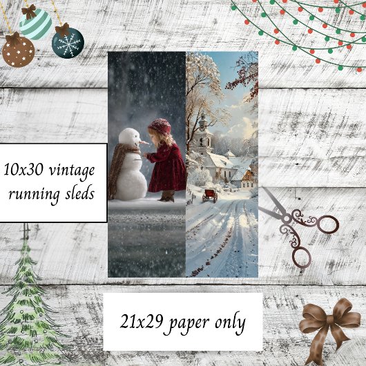 Découpage Kind Schneemann Kirche Winter Schlitten  Seidenpapier