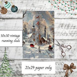 Decoupage-Kirche Winterlandschaft Vintage-Schlitte Seidenpapier