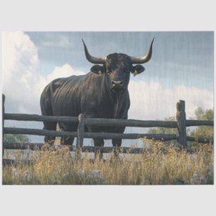 Decoupage Large Black Brahman Bull in Field Seidenpapier